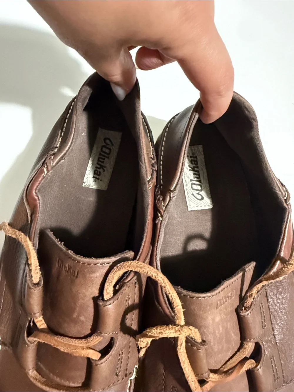 OluKai DEDE Moku Brown Leather MENS Lace-Up Moc Toe Boat Loafers Shoes - Size 13